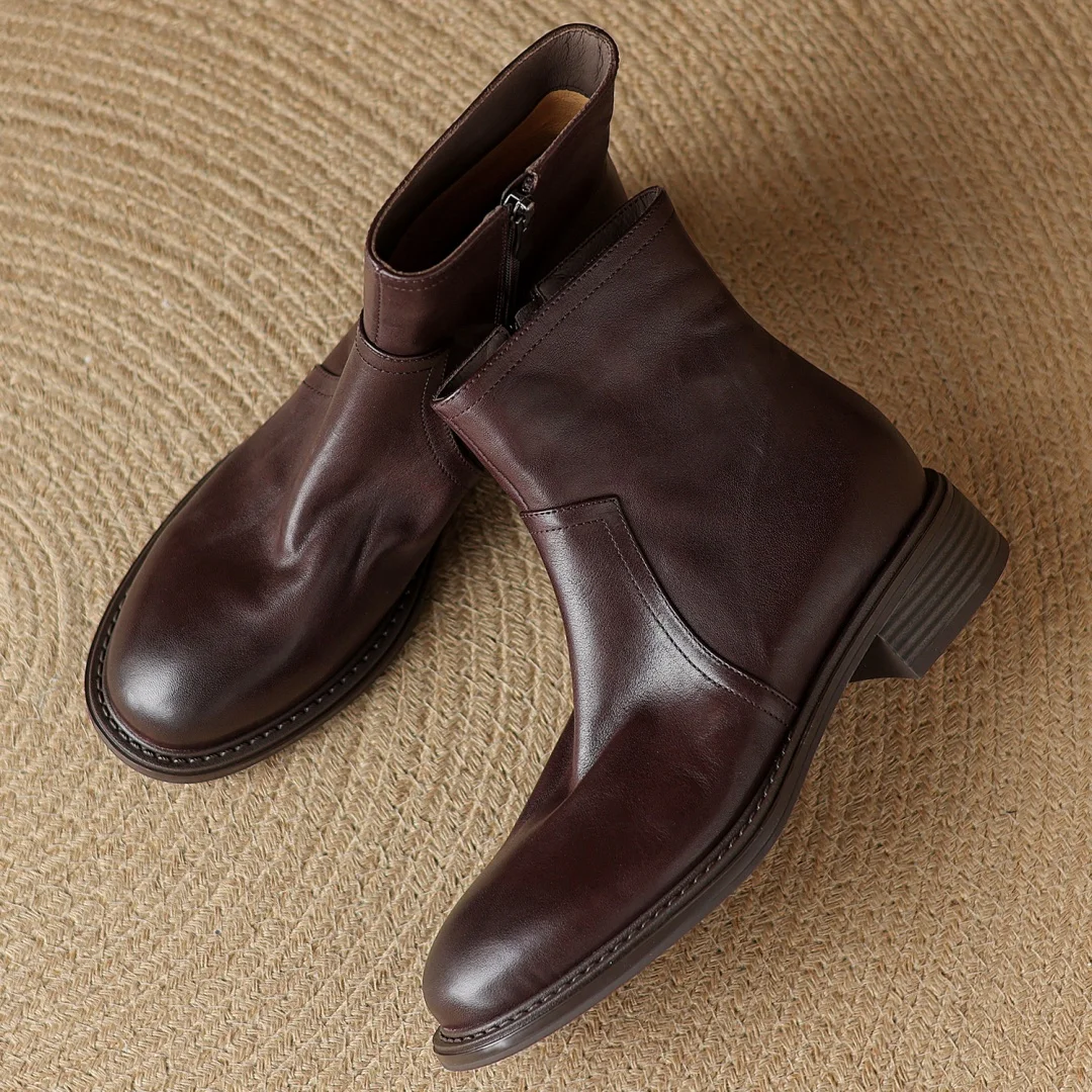 

Flokathy women's cow leather round toe side zip flat autumn ankle boots high quality soft comfortable casual female short boots