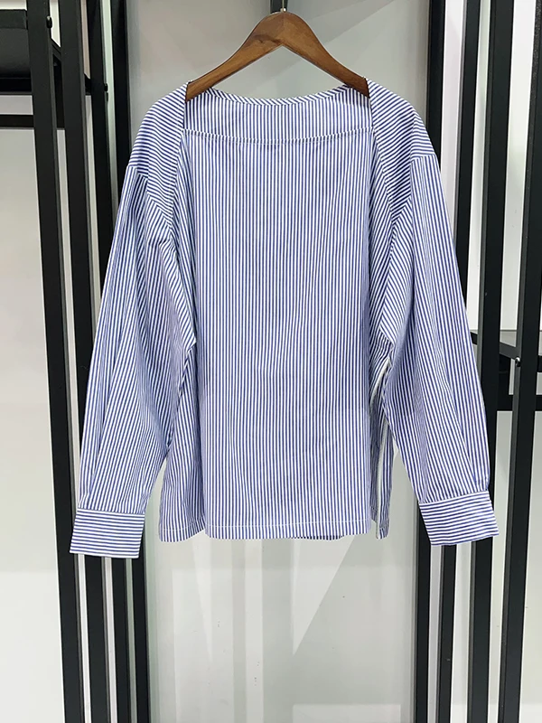 

Spring 2026 Loose Long Sleeve Striped Shirt French Style Women's Premium Fashion One-Shoulder Side Slit Cotton Casual Shirt