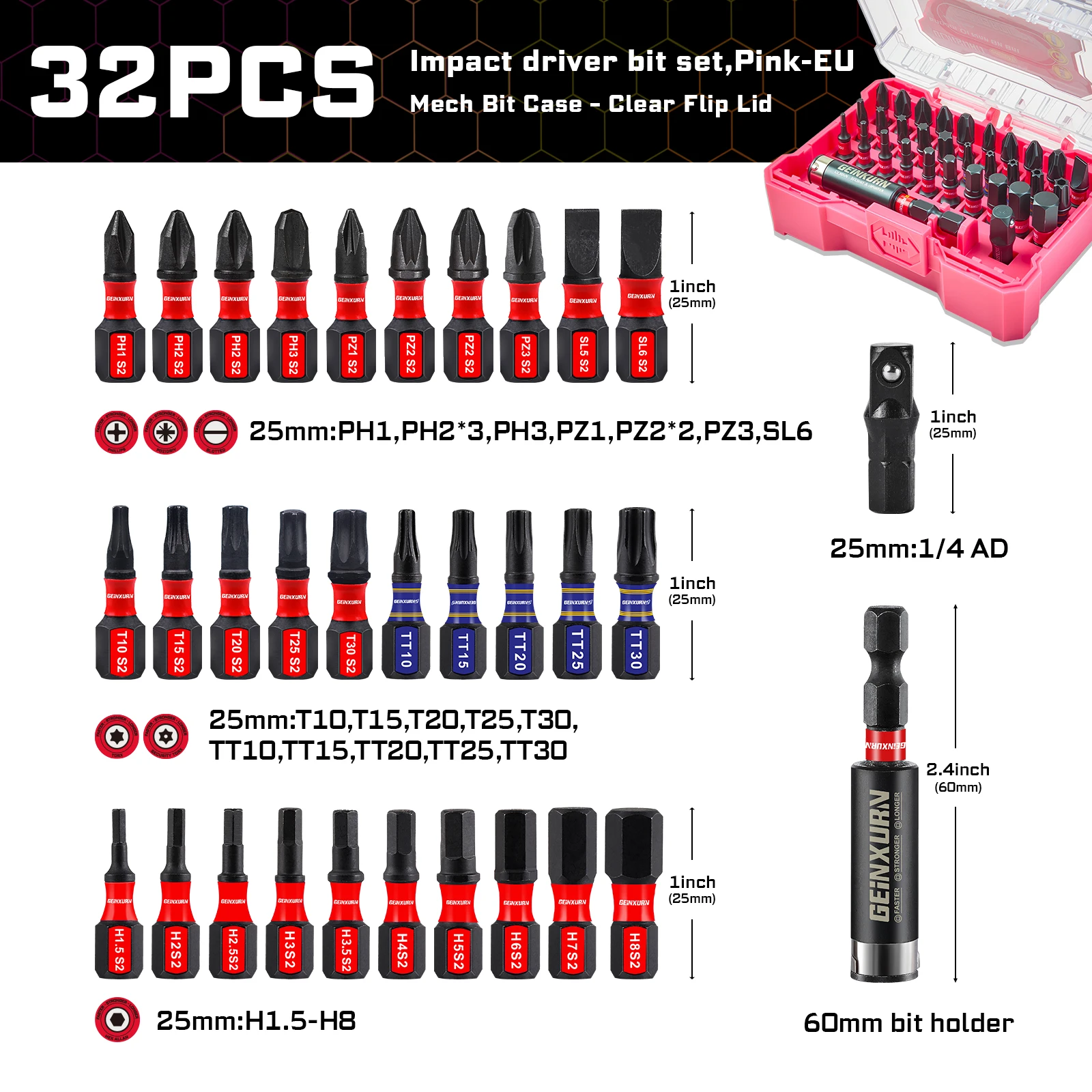 Geinxurn 32-delige S2 stalen slagschroevendraaierbitset, PH/SL/PZ/Torx Muliti Insert Bits Tips Set met bithouder en adapter (doos) - afbeelding 1