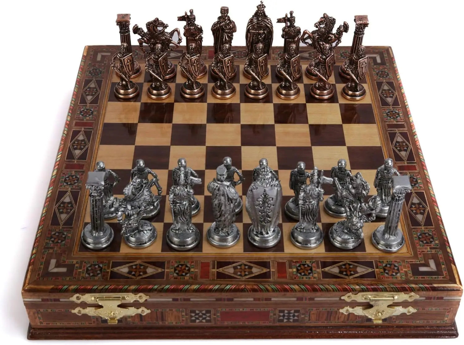 British Army Antique Copper Metal Chess Set for Adults,Handmade Pieces and Natural Solid Wooden Chess Board with Storag