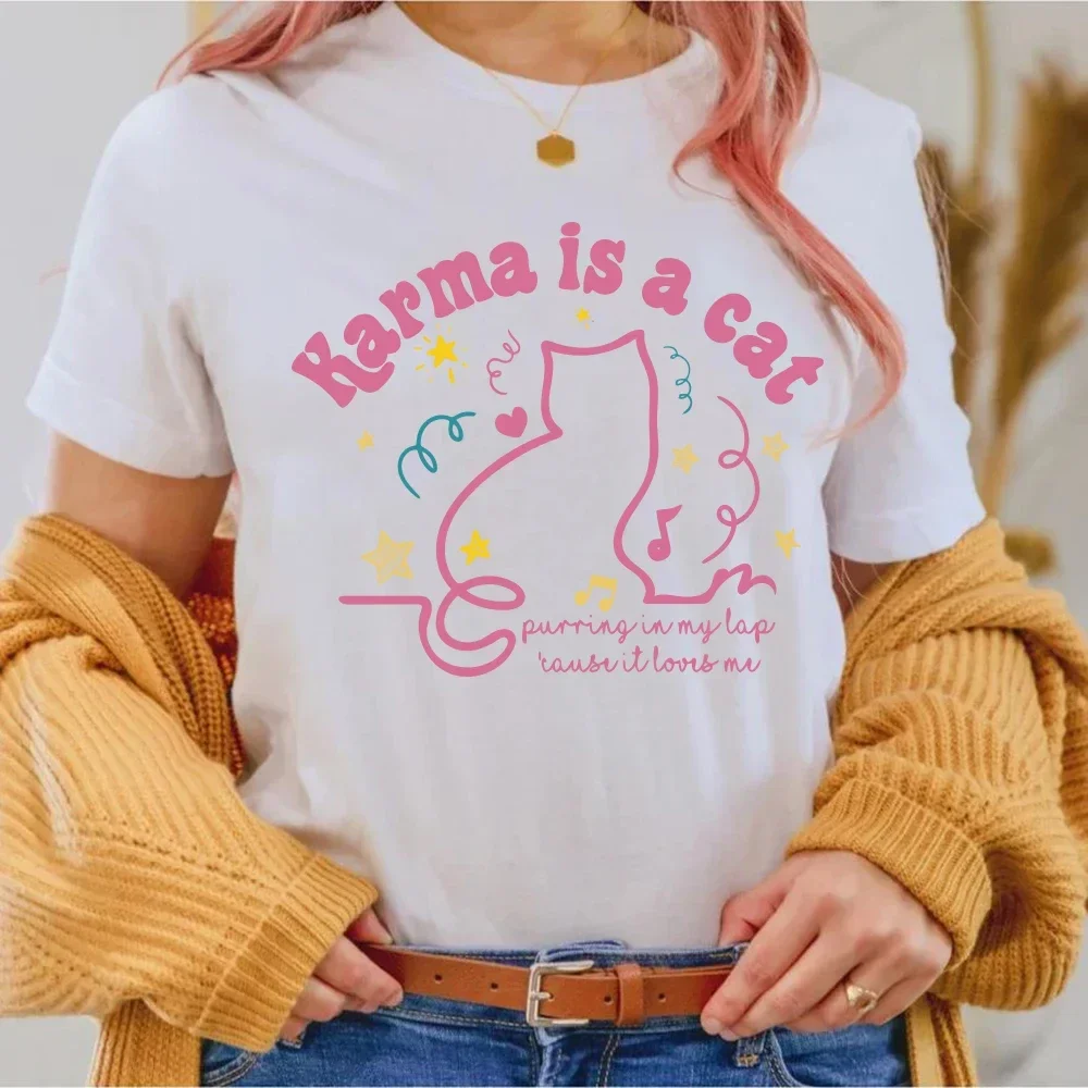 Karma Is A Cat T Shirt Midnights Retro T-Shirt Meet Me At Midnight Shirt Cute Cat Shirt Women Clothes Summer Tees Fans Gift