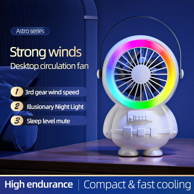 Colorful Night Light Astronaut Portable Fan USB Rechargeable 3 Speed Handheld Desk Fan Home Outdoor Wireless Desktop Air Cooling