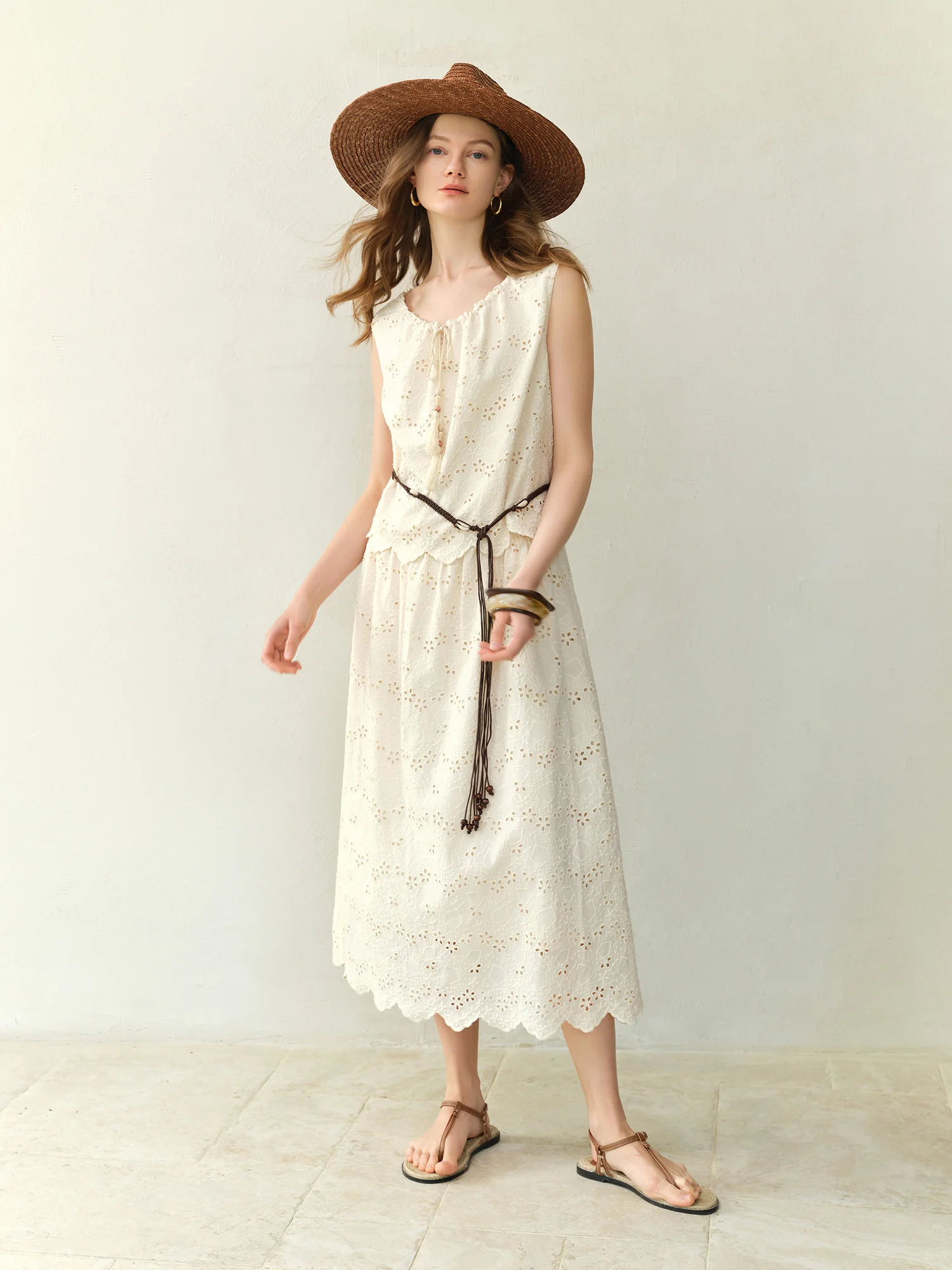 DUSHU 2025 Summer Women's Sleeveless Tank & Midi Skirt Coordinated Set - Resort Chic Textured Fabric & Versatile Vacation Style