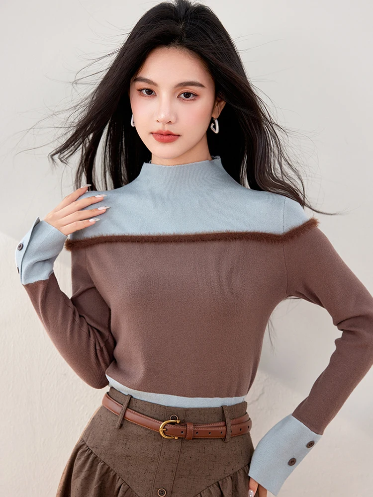 Half Turtleneck Colorblock Knitted Women\'s Sweater 2024 Autumn Winter New Long Sleeve Bottoming Solid Sweater Female Slim Tops