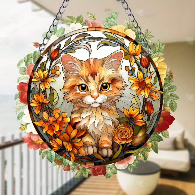 

Orange Cat Suncatcher Wall Sign Round Dyed Acrylic Art Board Hanging Plaque Pendant for Festival Decoration Window Yard Decor