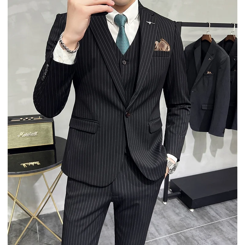 2-G3 Light mature Korean style slim striped suit for men, handsome and advanced ting, simple groom dress three-piece suit for me