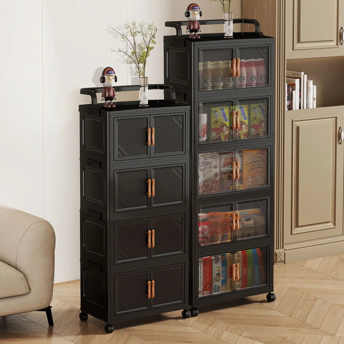 

No-Install Foldable Storage Cabinet with Wheels – Multi-Layer Rolling Organizer for Living Room Snacks & Clutter, Home Trolley