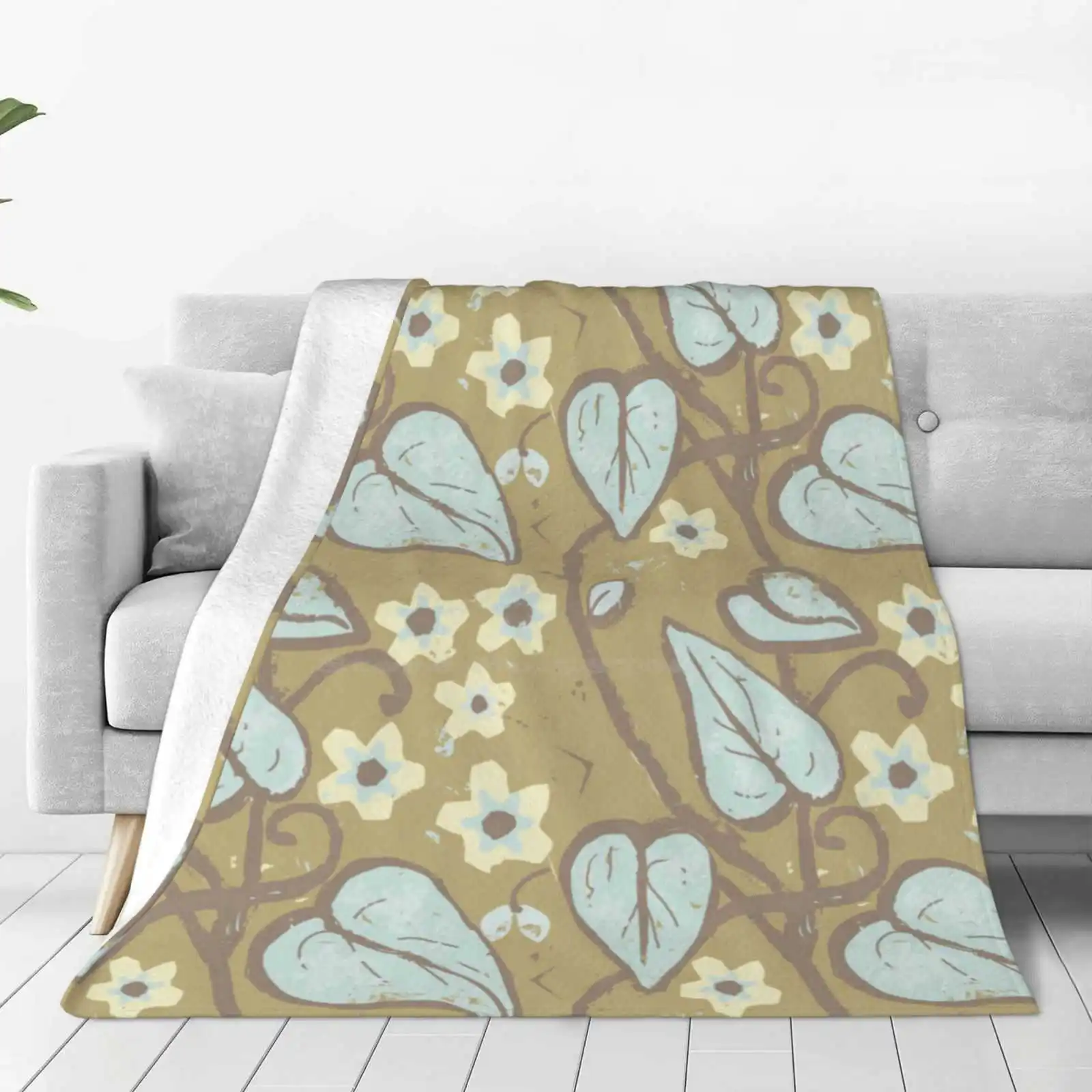 Boho Scratch Painted Vines Hot Sale Printing High Qiality Warm Flannel Blanket Ecru Sea Glass Vine Brown Flowers Distressed