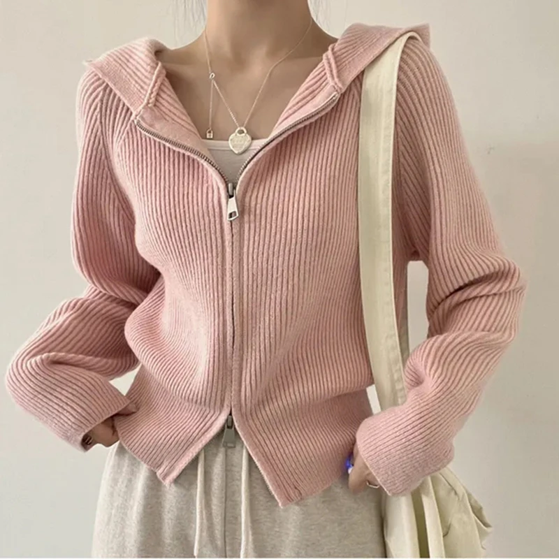 

HELIAR Women Knitted Hooded Cardigan Winter Warm Zipper Design Style Korean Lazy Fashion Turn-down Collar Sweater Casual Coat