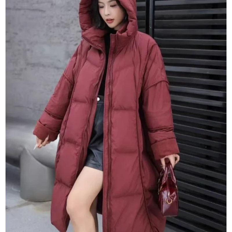 Halflange donsjas voor dames 2025, nieuwe winter, oversized, verdikte knielange capuchon, retro commuter-casual jas, trendy