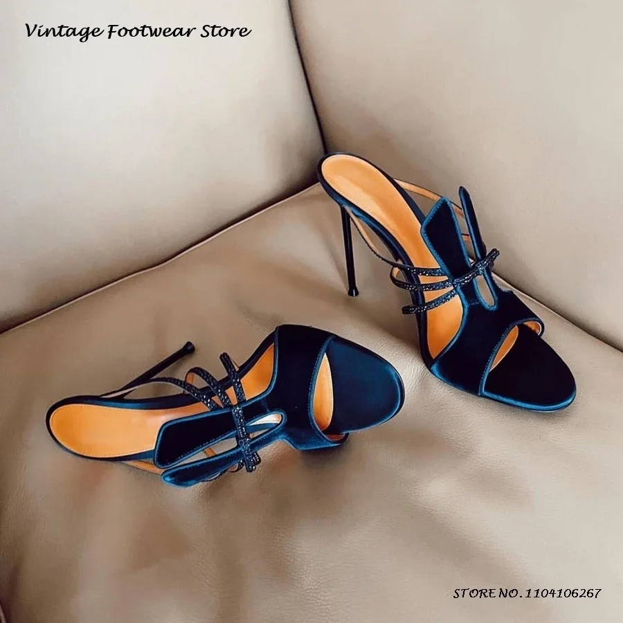 

Crystal Bow Embellished Satin Mules Hollow Round Open Toe Thin Heels Slippers 2025 Spring Summer Pull On Party Dress Stilettos