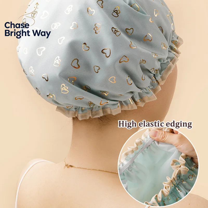 1Pc Double Layer Waterproof Shower Cap, Elastic Reusable Hair Cover For Women, Bathroom Kitchen Protective Bath Hat