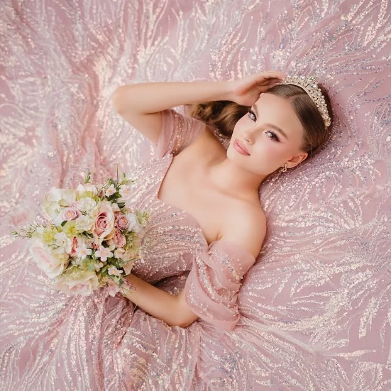 Vestido quinceanera rosa brilhante, renda tull, glitter, decalque, cauda longa, vestidos de 15 quinceanera ﻿ Personalizado