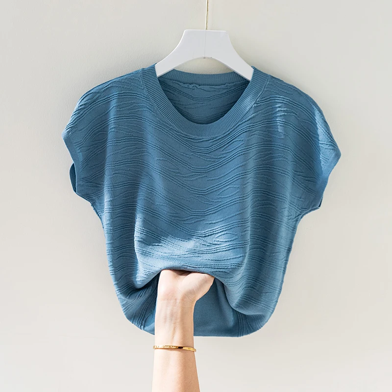 Cseta Hoada de Manga Corta de Seda Helada para Mujer, Estilo Nuevo de Verano, Cuello Redondo, Estilo Murciélago, Efecto ...