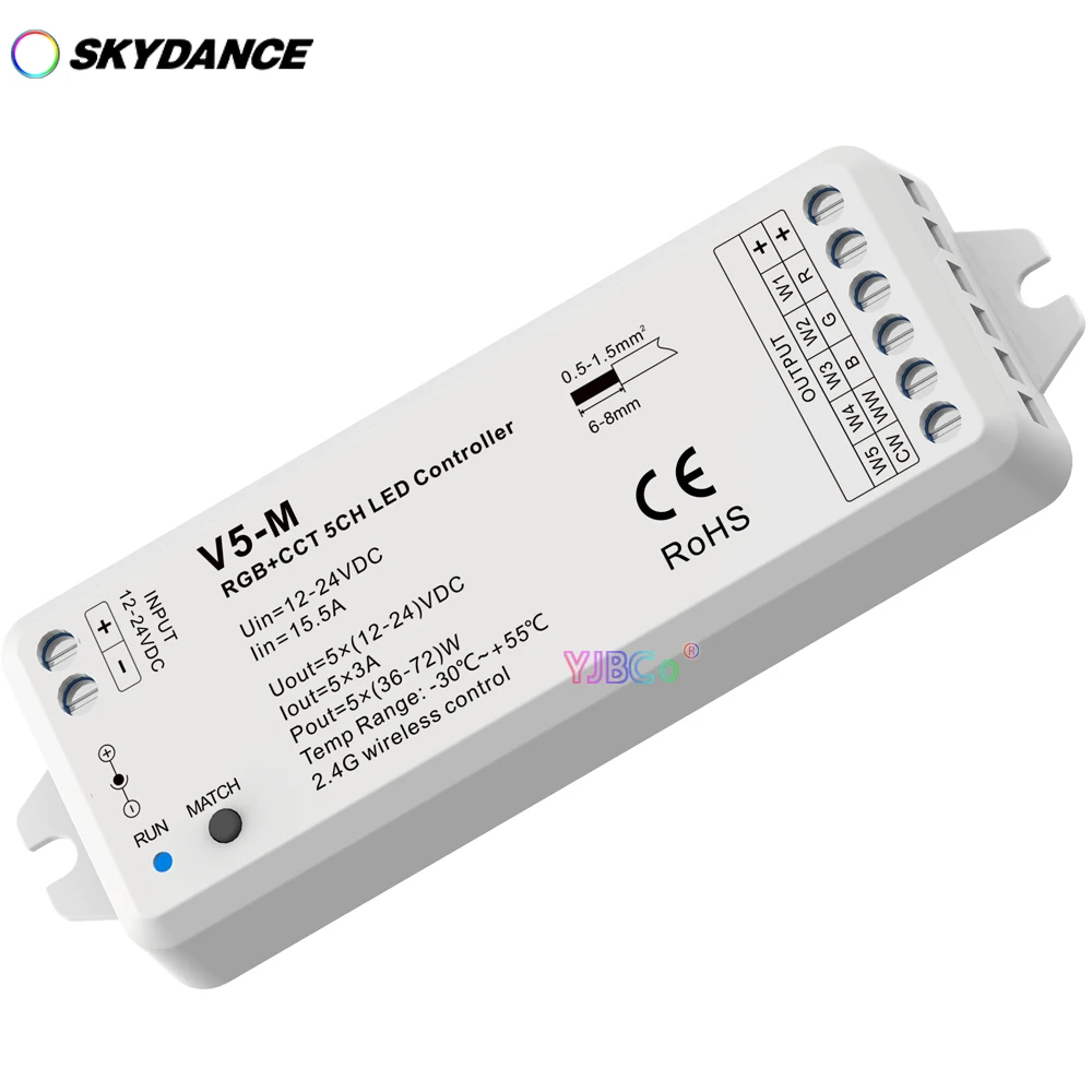 Skydance V5-M RGB+CCT 5CH LED strip Controller 5CH*3A 12-24V DC power socket input Auto-transmitting RF 2.4G remote control