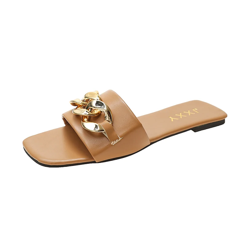 Zapatillas de moda con cadena y punta cuadrada para mujer, Sandalias planas, chanclas de playa, zapatos informales con decoraciรณn de Metal, novedad