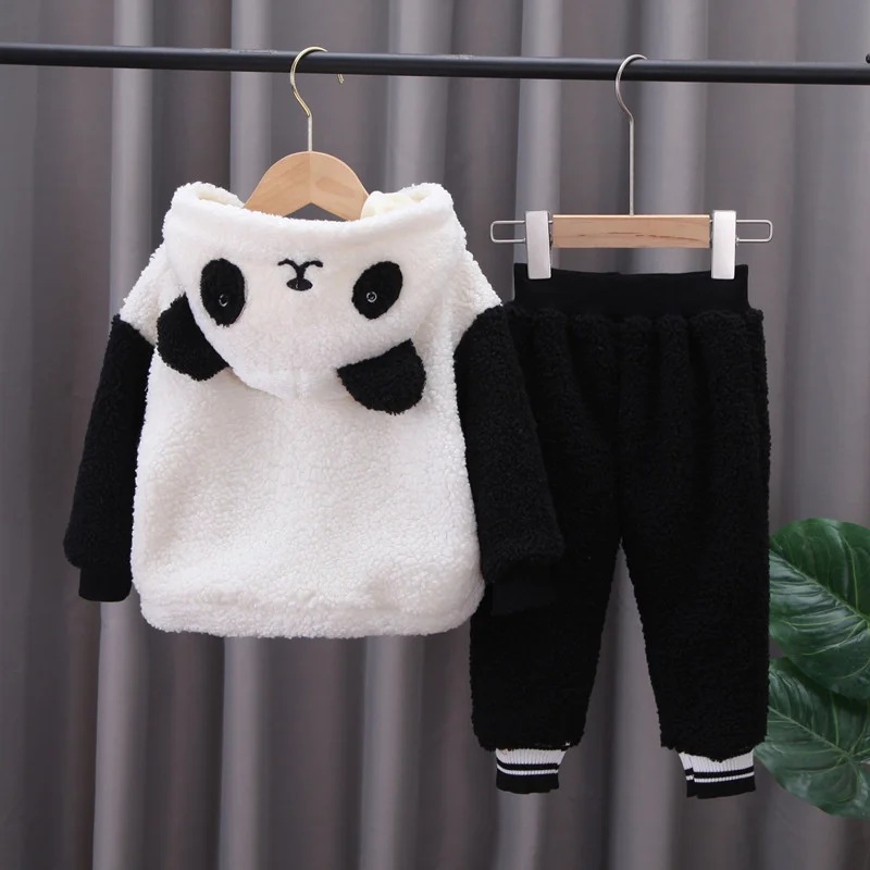 Fashion Lamb Wool Clothes Suit Baby Girls Boys Fleece Padded Coats+Pants 2Pcs Kids Panda Cartoon Outfits Children Clothing Sets