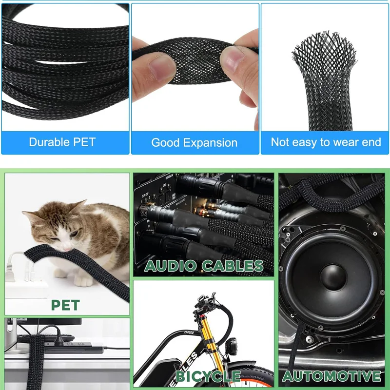 3m/9.85ft PET Expandable Braided Sleeving Flexible Wire Mesh Sleeve Black For TV Audio PC Cords Protect From Pets Chewing