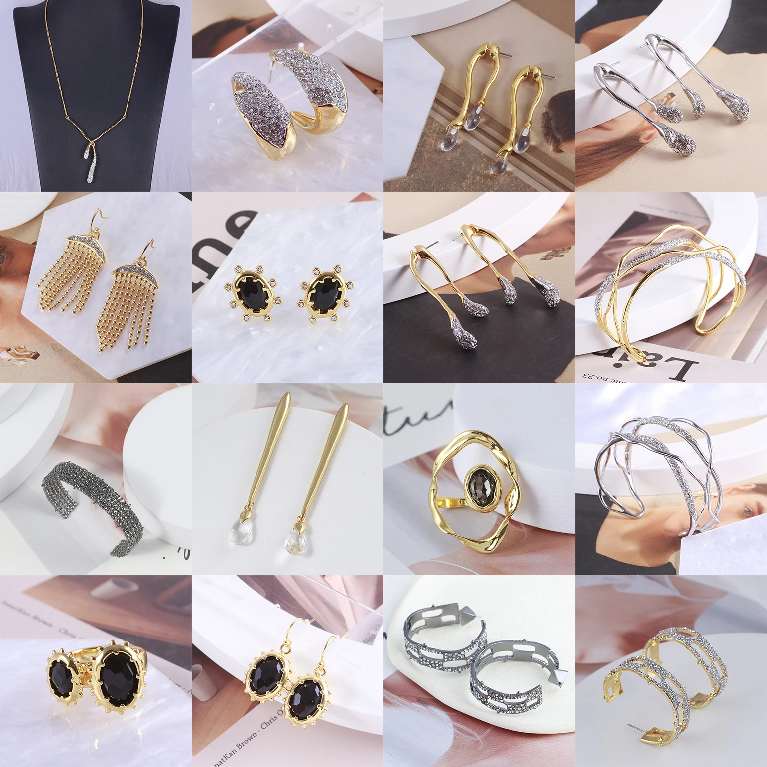 European and American High Quality Retro Creative Zircon Geometric Design Asymmetric Earrings Bracelet Ring Wholesale