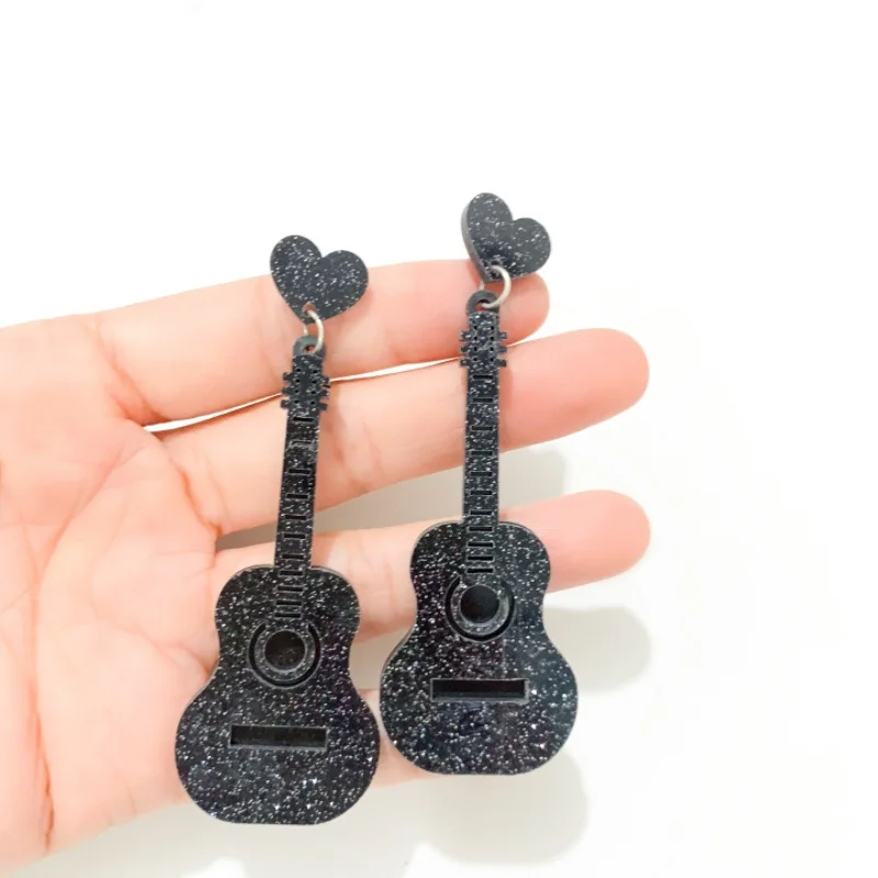 1 Pair Glitter Black Guitar Heart Acrylic Rainbow Cloud Pencil Drop Earrings For Women Cute Jewelry Large Ear Rings Gifts