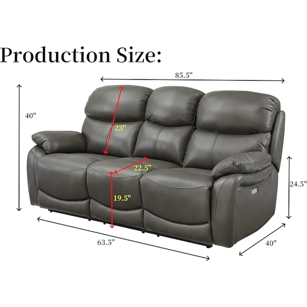 Genuine Leather Recliner Sofa with USB Port, Leather Reclining Living Room Furniture Sofa with Cup Holders. Gray 3-Seats Sofa