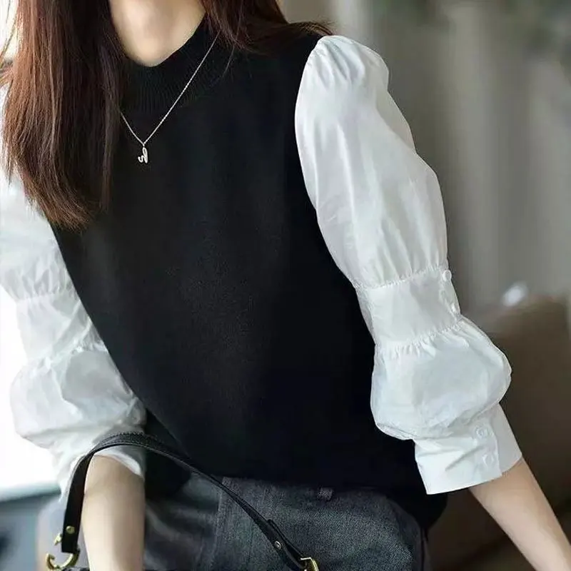 Casual Solid Color Round Neck Blouse Fake Two Pieces 2023 Spring Autumn Vintage 3/4 Sleeve Female Stylish Patchwork Button Shirt