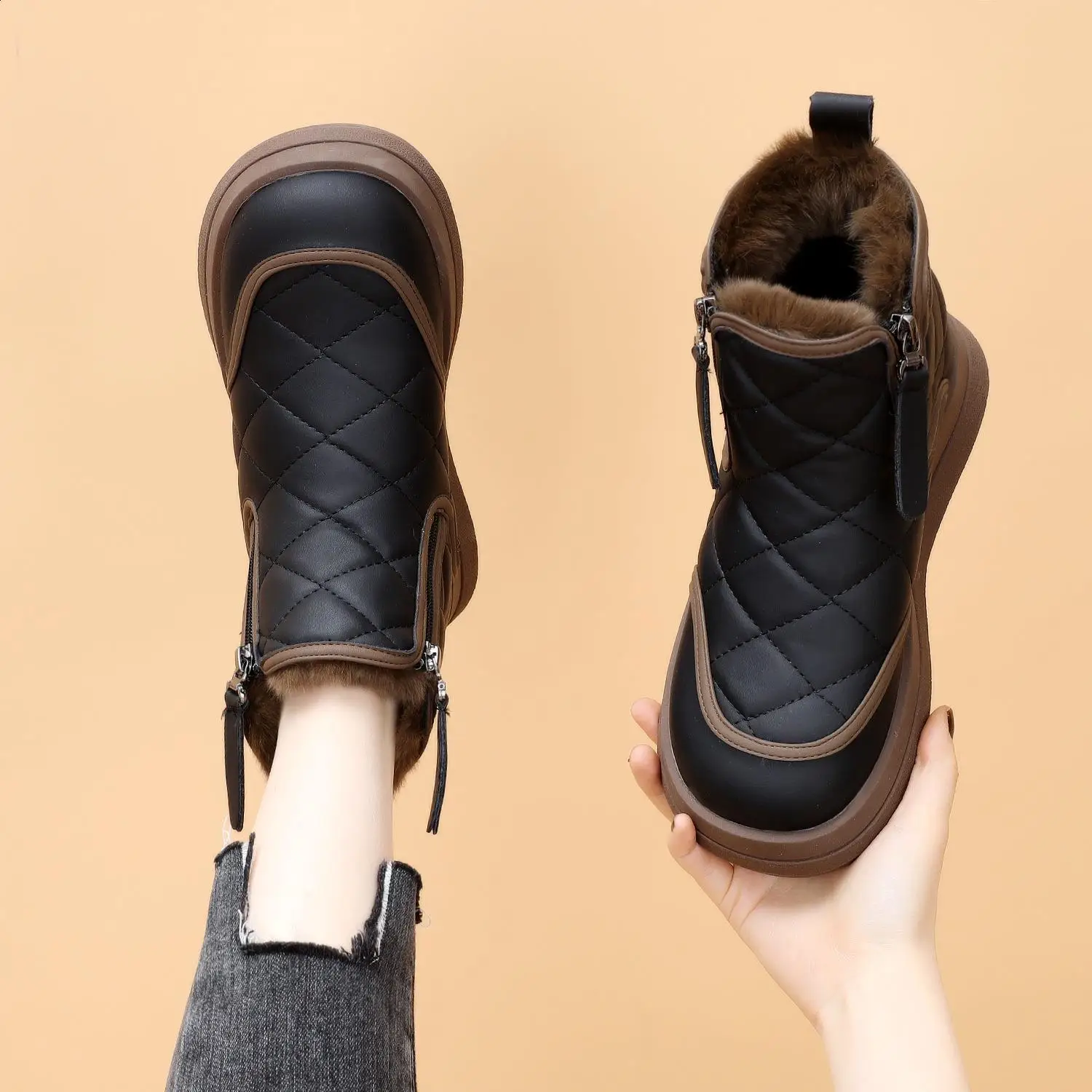 Botas de goma de tacón plano para mujer, zapatos de mujer, calzado de invierno con cremallera de Australia, punta redonda, lluvia, cuero bajo genuino 2024