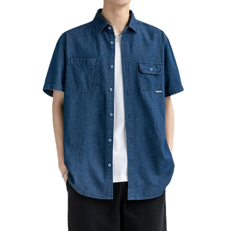 New 2023 Summer Blue Denim Shirt Men Oversized Short Sleeve Jean High Quality Casual Fashion Cotton Light Wear Loose Plus Size