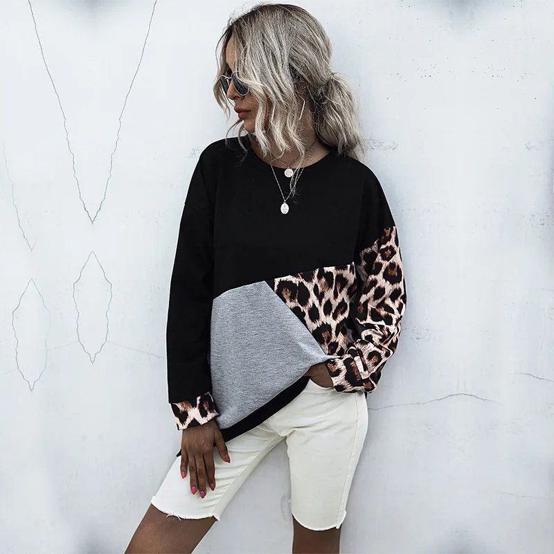 Leopard Patchwork Long Sweatshirt Woman Clothing Pullovers Clothes Female O Neck Long Sleeve Casual Outerwear Chic Sweatshirts