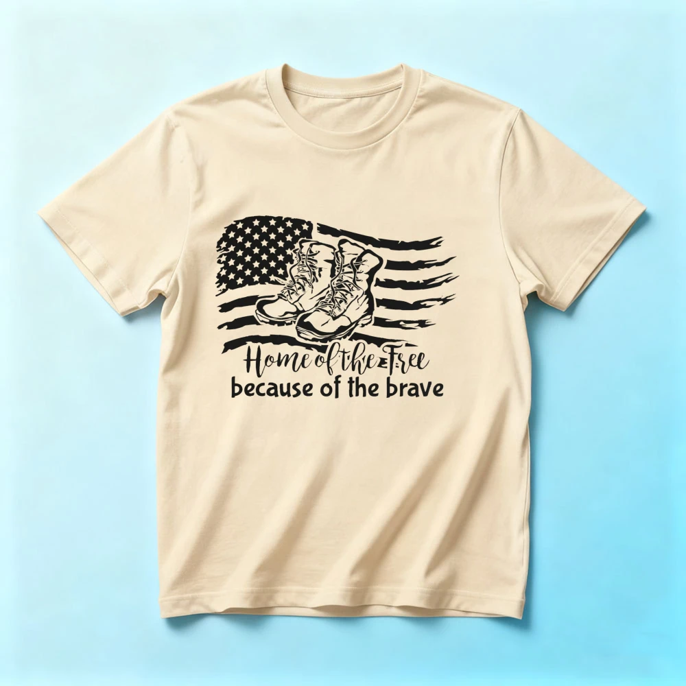 Home of The Free Because of The Brave Shirt American Flag Military Combat Boots Printed T-Shirt Veteran Gift Patriotic Mens Tee