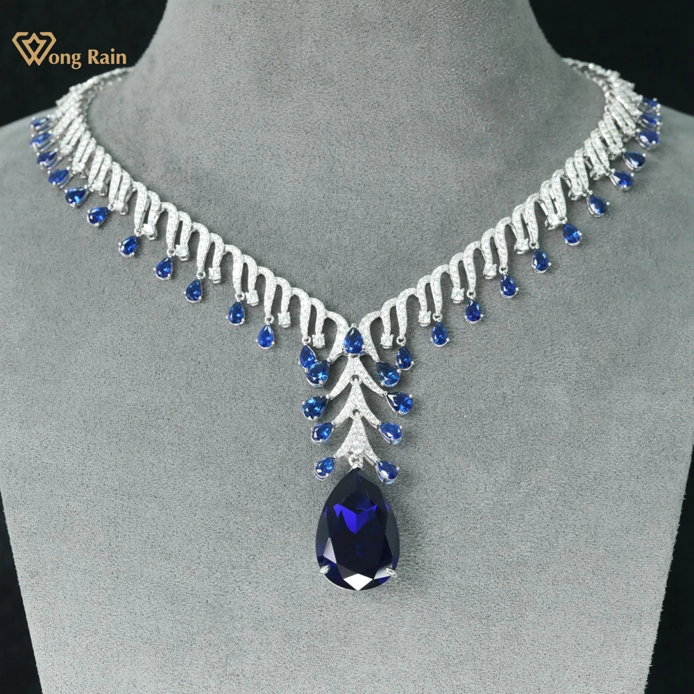 

Wong Rain Luxury 100% 925 Sterling Silver 20*30 MM Pear Cut Sapphire High Carbon Diamond Gemstone Pendant Necklace Fine Jewelry