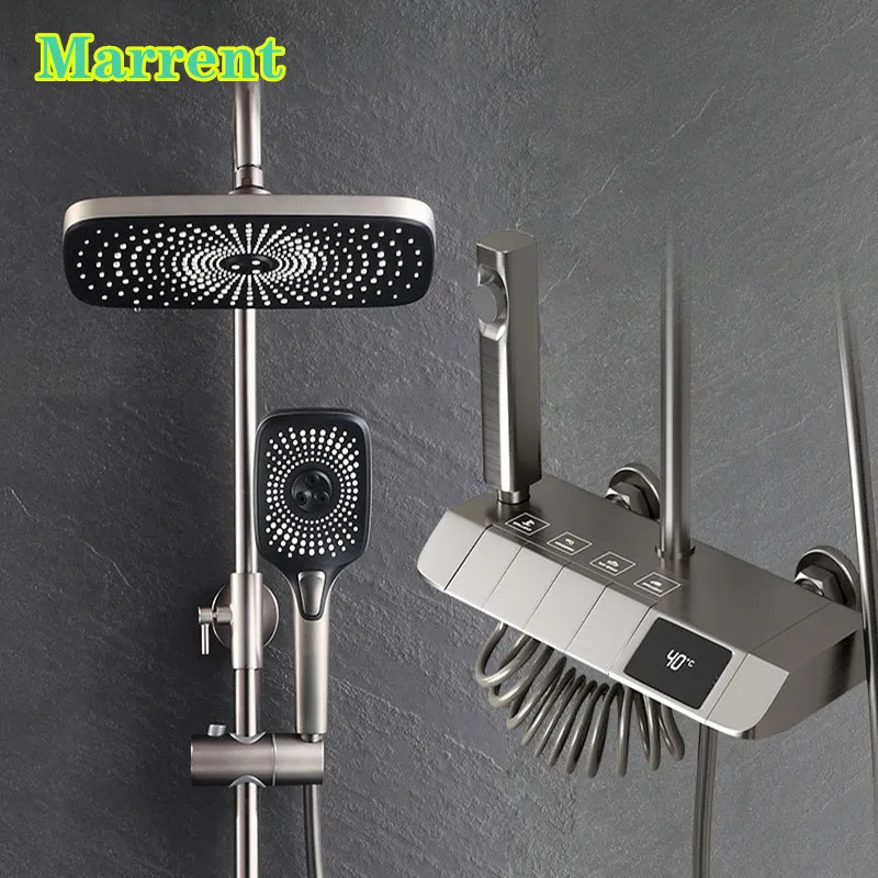 

Newly Piano Digital Shower Set Quality Brass Bathroom Shower Faucets Tap Wall Mounted LED Temperature Thermostatic Shower System