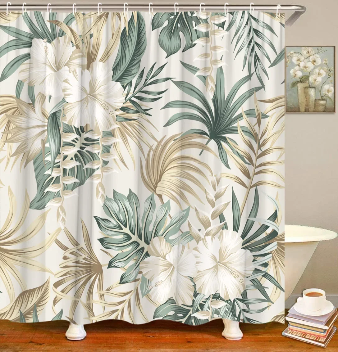 Tropical Plant Shower Curtain Floral Watercolor Green Farm Banana Leaf Nordic Decor Bathroom Polyester Fabric Shower Curtain Set