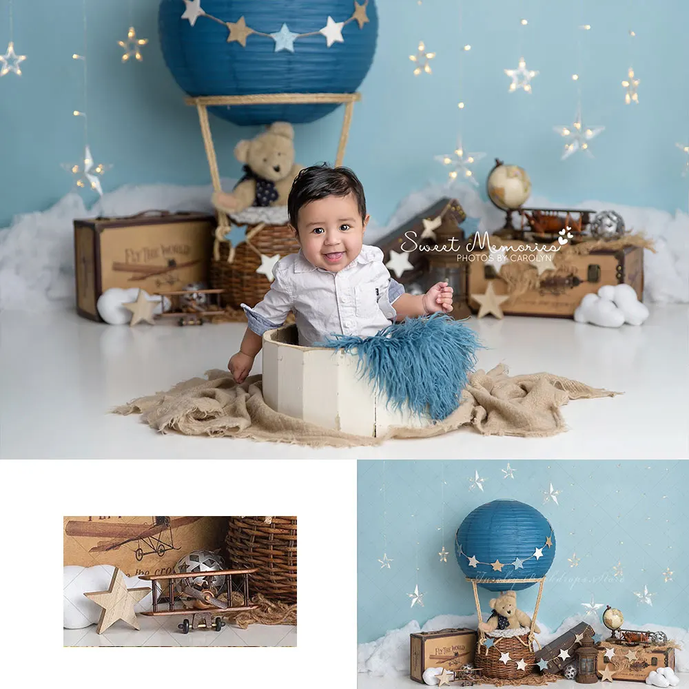 

Twinkle Twinkle Baby Boy Backdrop Kids Cake Smash Photography Props Hot Air Balloon Bear Child Adult Studio Backgrounds