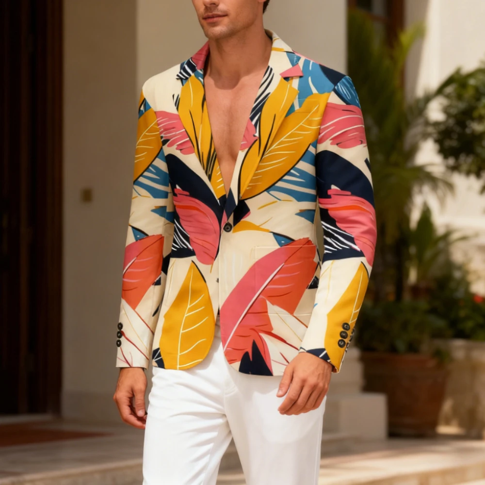 Men Tropical Palm Tree Leaf Print Casual Blazer Single-Button Jacket with Sailboat & Bird Designs for Beach Party Resort Wear