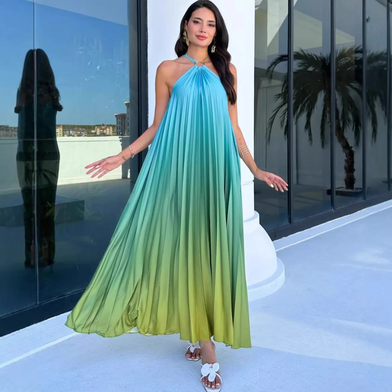 

Retro Vacation Long Sleeve Dress Casual Neck Hanging Bridesmaid Skirt Polyester Material Beachside Gown Polyester Fabric
