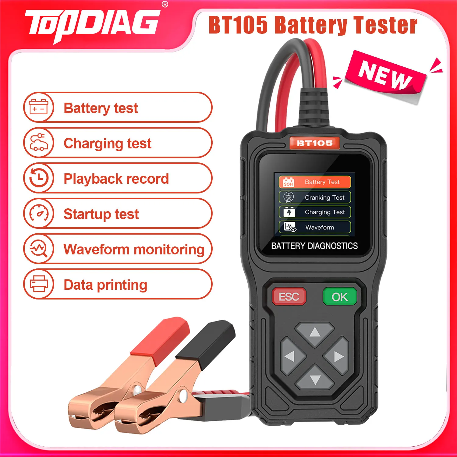 2026 Newest Topdiag BT105 6/12/24V Car Motorcycle Battery Tester Charger Test Tool 100-2000 CCA Auto Start Load Cranking Test