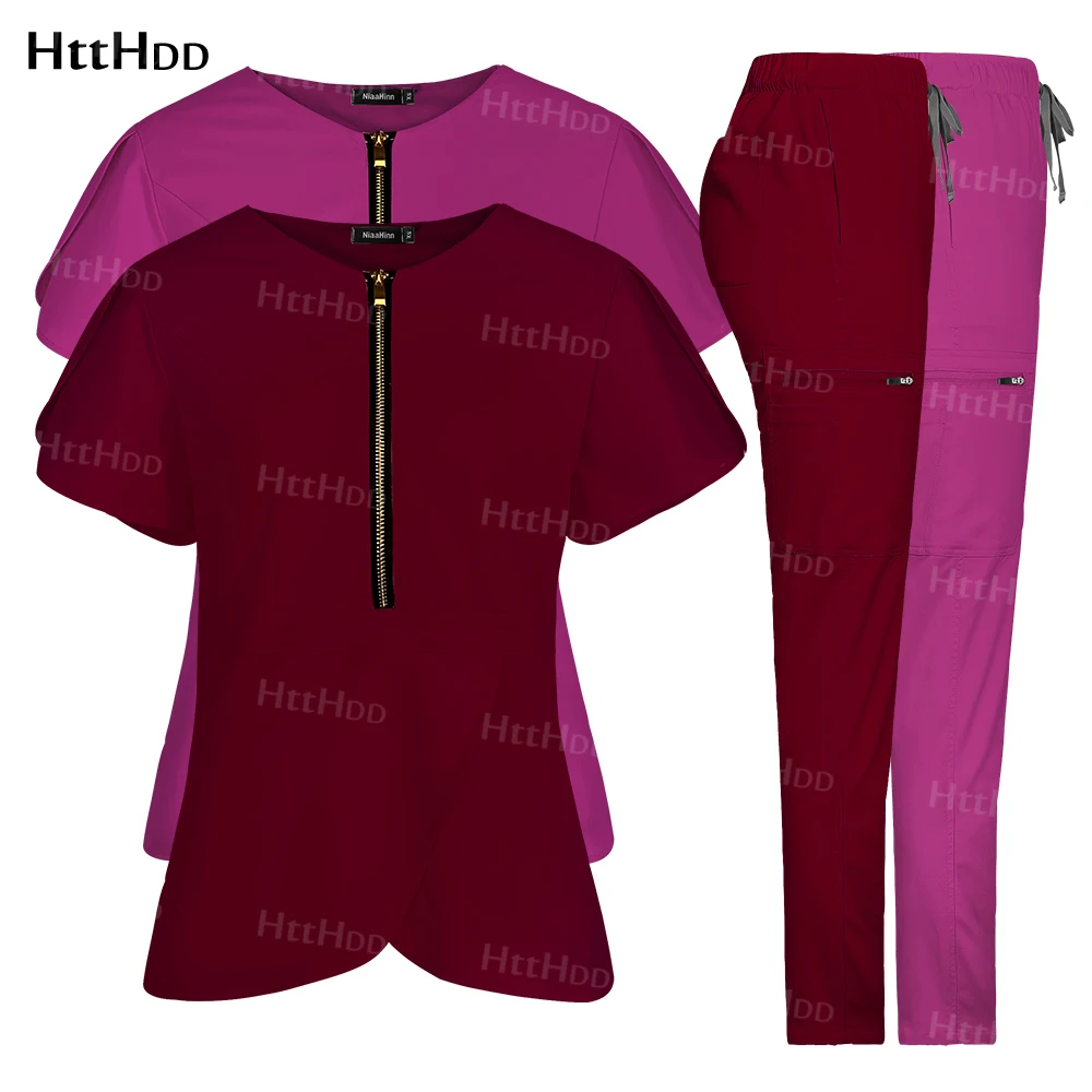 Roupa médica respirável das mulheres, Blusa de manga curta, Enfermeira Scrubs Conjuntos, Uniformes Veterinários, Clínica Odontológica, Casaco de Farmácia