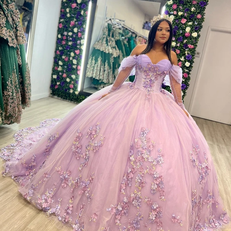 Lavender Shiny Ball Gown Quinceanera Dresses Sweetheart Flowers Lace Appliques Beading Off the Shoulder Vestidos De 15 Años