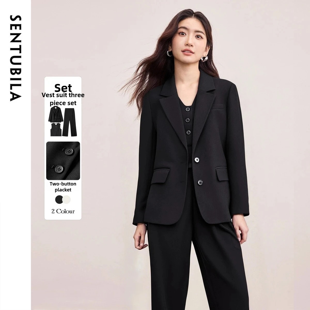 

SENTUBILA женские костюмы, комплект, однобортный пиджак, жилет с v-образным вырезом, прямые брюки, офисная одежда, костюм-тройка 153ZE3054Z