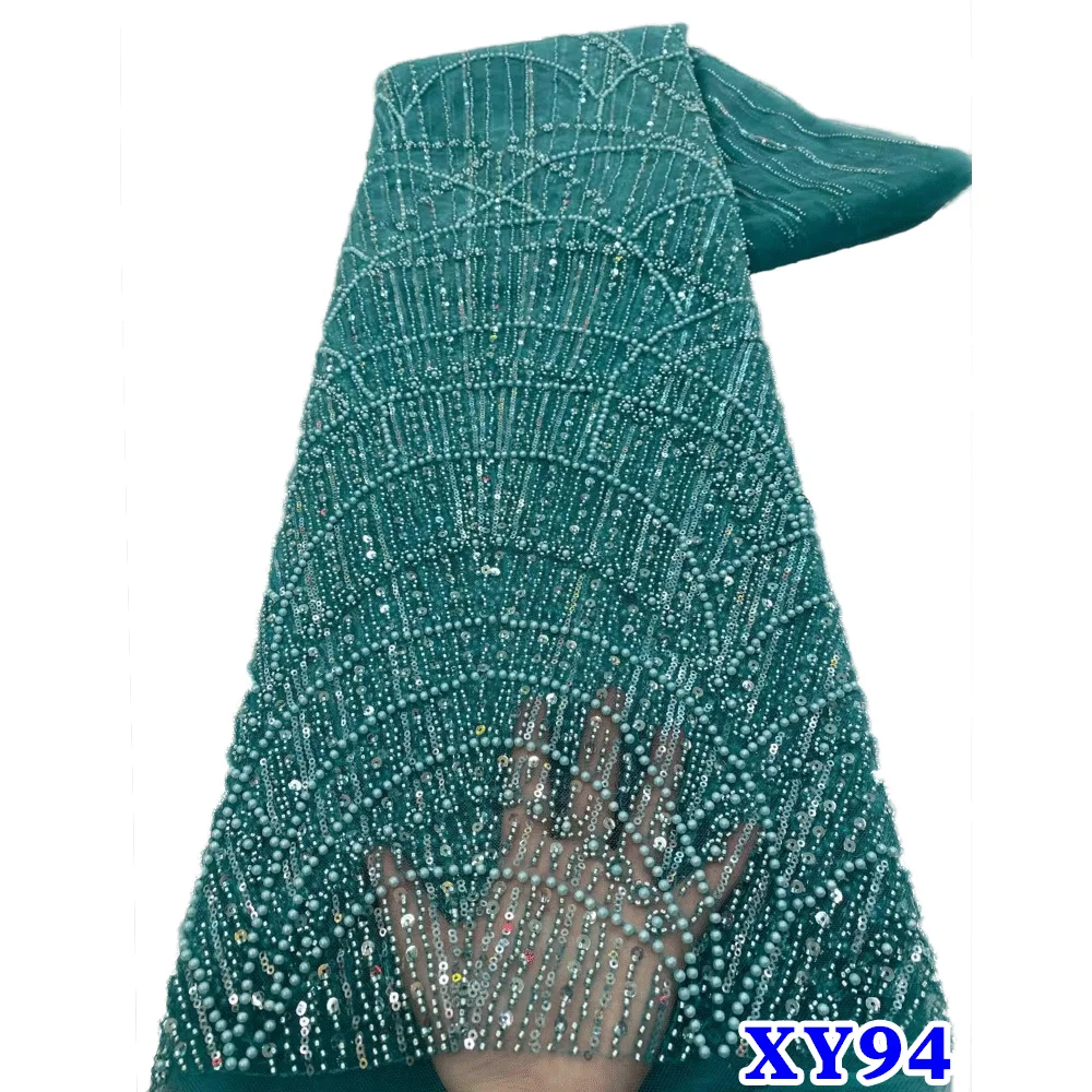 프랑스 튤 염색 비즈 레이스 원단 나이지리아 신상품 5야드 진주 스팽글 자수 비즈 레이스 원단 웨딩 드레스용