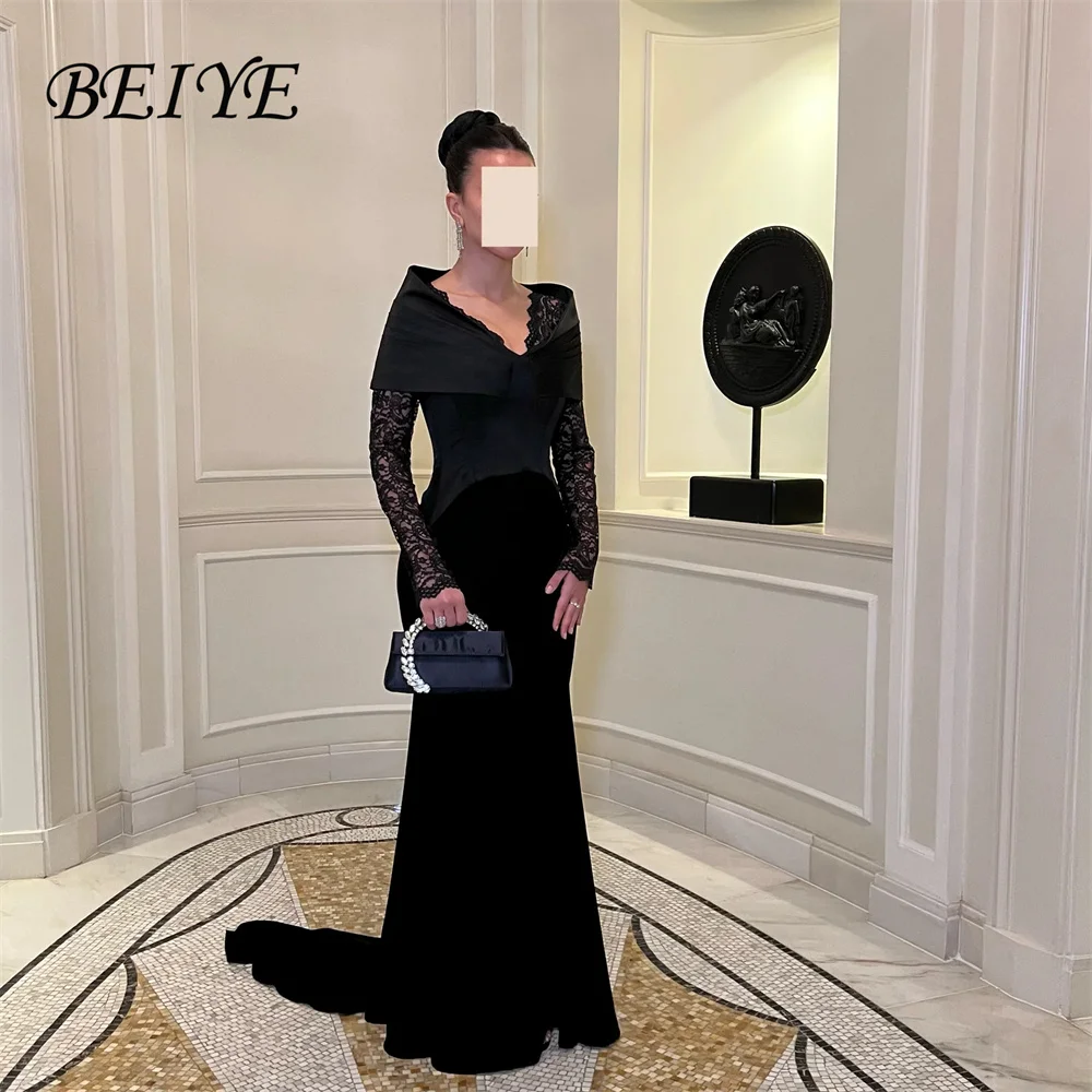 

Вечернее платье-русалка BEIYE Modern Black Lace с длинными рукавами, V-образным вырезом, плиссировкой и шлейфом, для вечеринок, на заказ