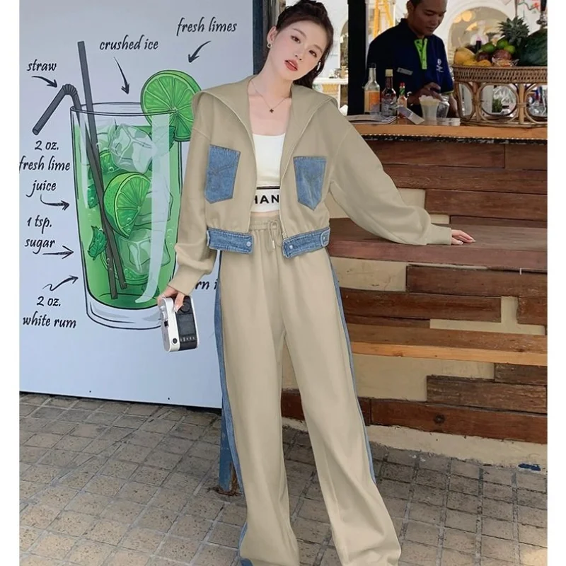 Spring/Autumn Leisure Sports Suit Women\'s New Fashion Color Contrast Cardigan Hoodie High Waist Wide Leg Pants Two Piece Set