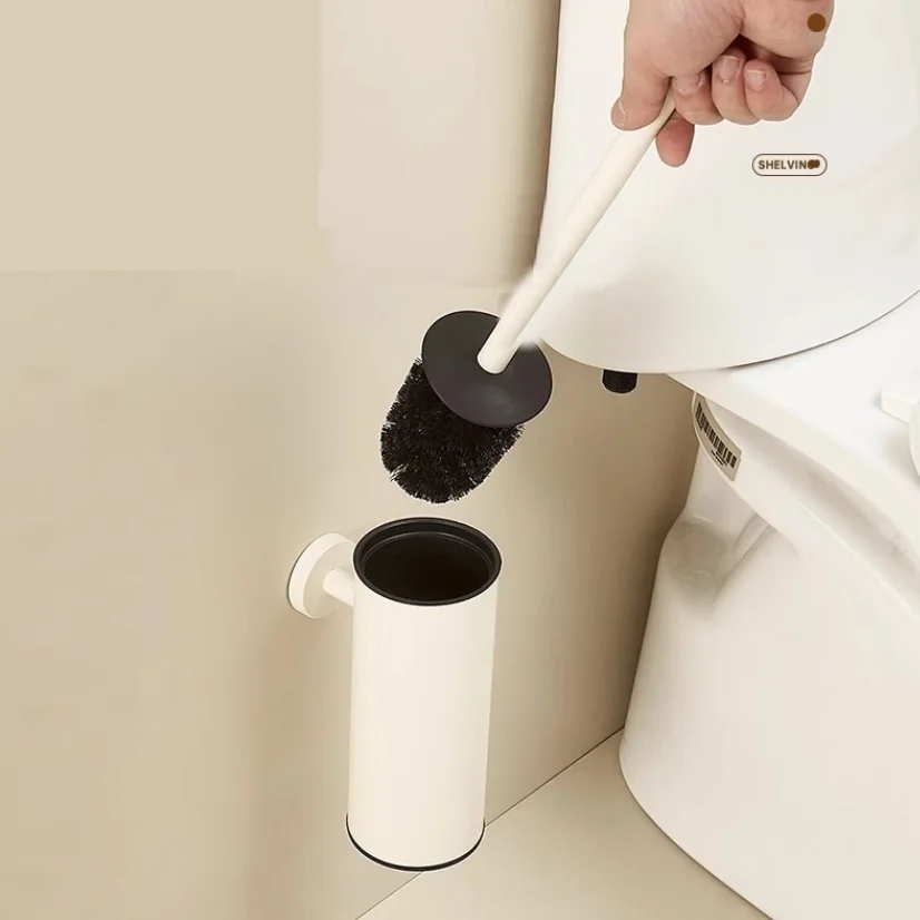 Stainless steel cream-style floor-standing toilet brush, household toilet brush with no blind spots, bathroom storage rack