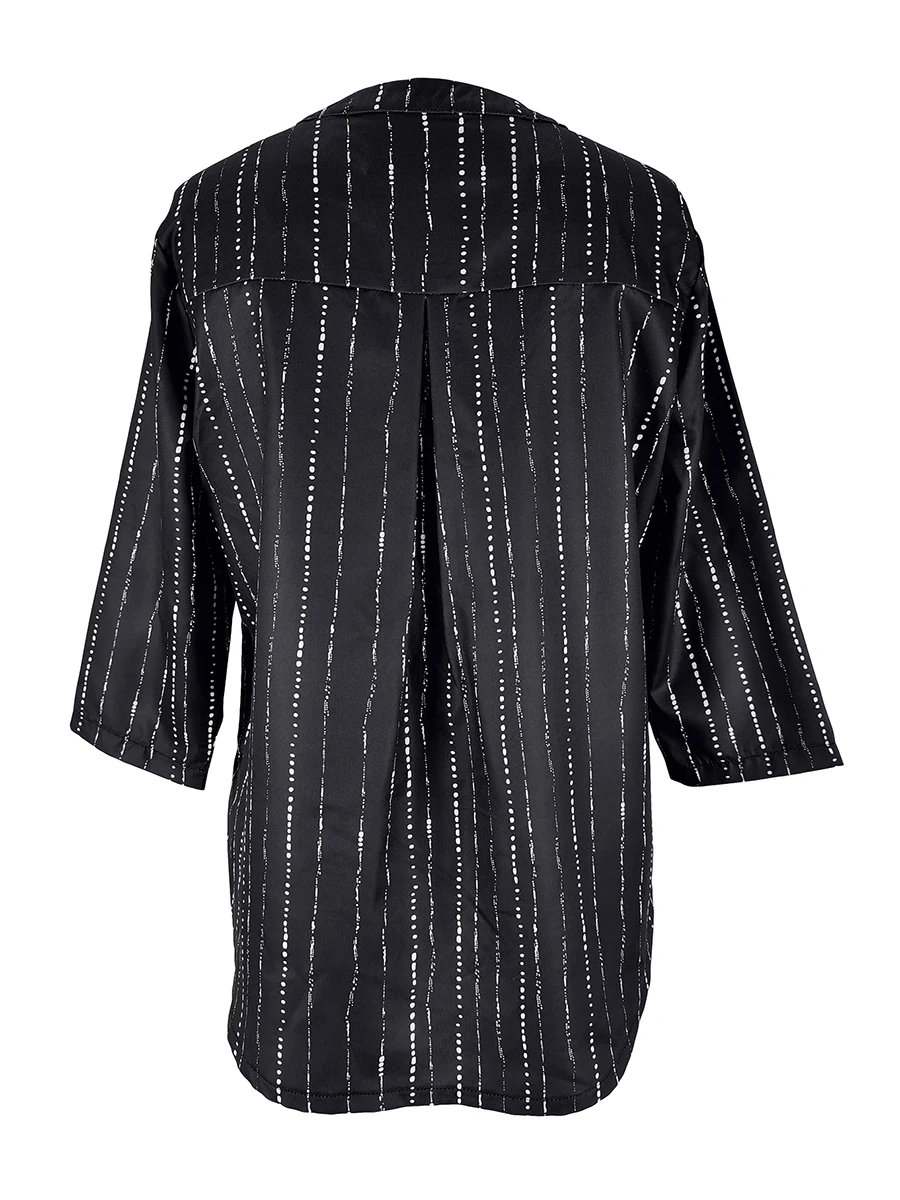 Damen Freizeitbluse mit V-Ausschnitt, 3/4-Ärmeln, plissierter Vorderseite, Metallring und gestreiftem Print – lockere Tunika-Oberteil, modisches Damen-Shirt – Detail 5