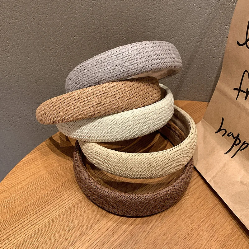 Fashion Raffia Braided Headbands for Women Girls Solid Wide Straw Sponge Hairbands Bezel Hair Hoops Headwear Hair Accessories