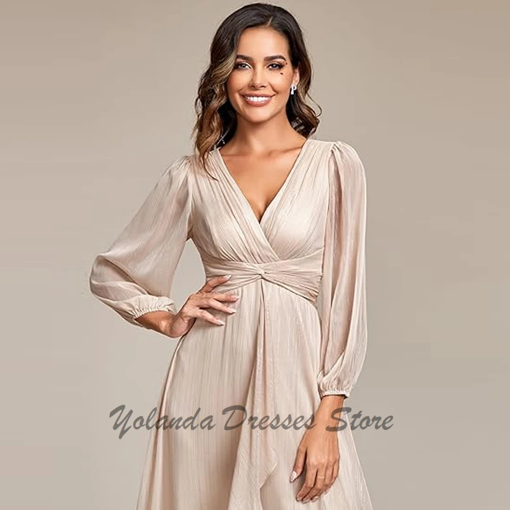 Vestido formal elegante com decote em V, vestido de noite chiffon, vestidos até chá, zíper traseiro, linha A, mãe da noiva, mangas compridas, 2025