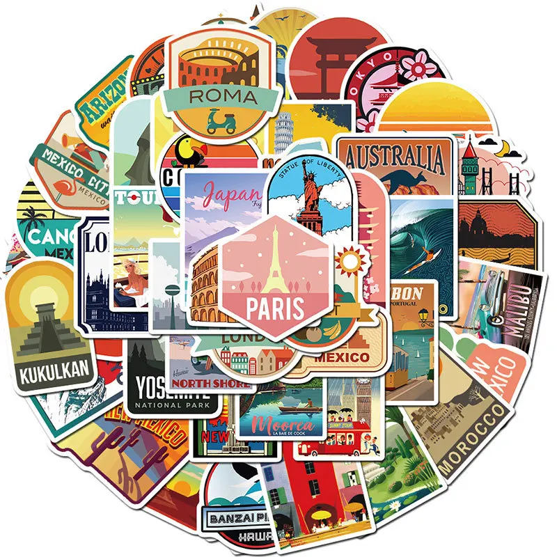 50PCS New Global Travel City Landscape Stickers Decal DIY Phone Laptop Guitar Stationery Scrapbook Skateboard Toy Sticker