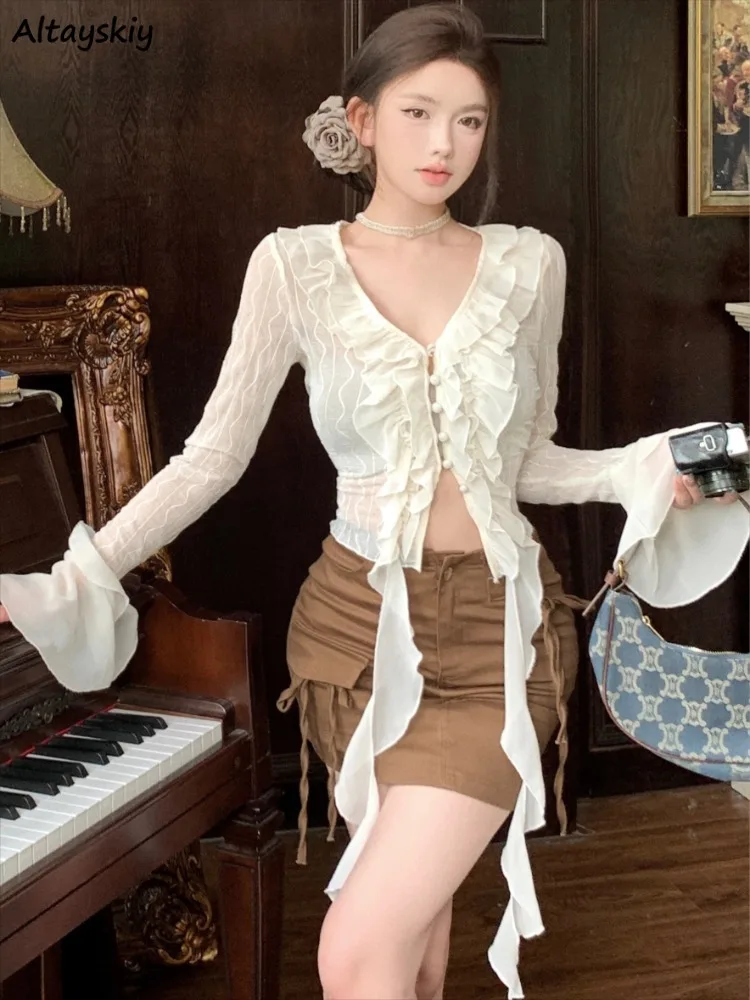 Ruffles Blouses Women Lace-Designed Sexy Girl High Street Y2k Tops Streetwear All-match Blusas Aesthetic Ins Korean Hotsweet