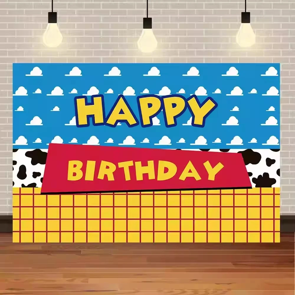 

Cartoon Birthday Background Cloth Blue Sky And White Clouds Cow Pattern Star Elements Children Baby Party Decoration Photography